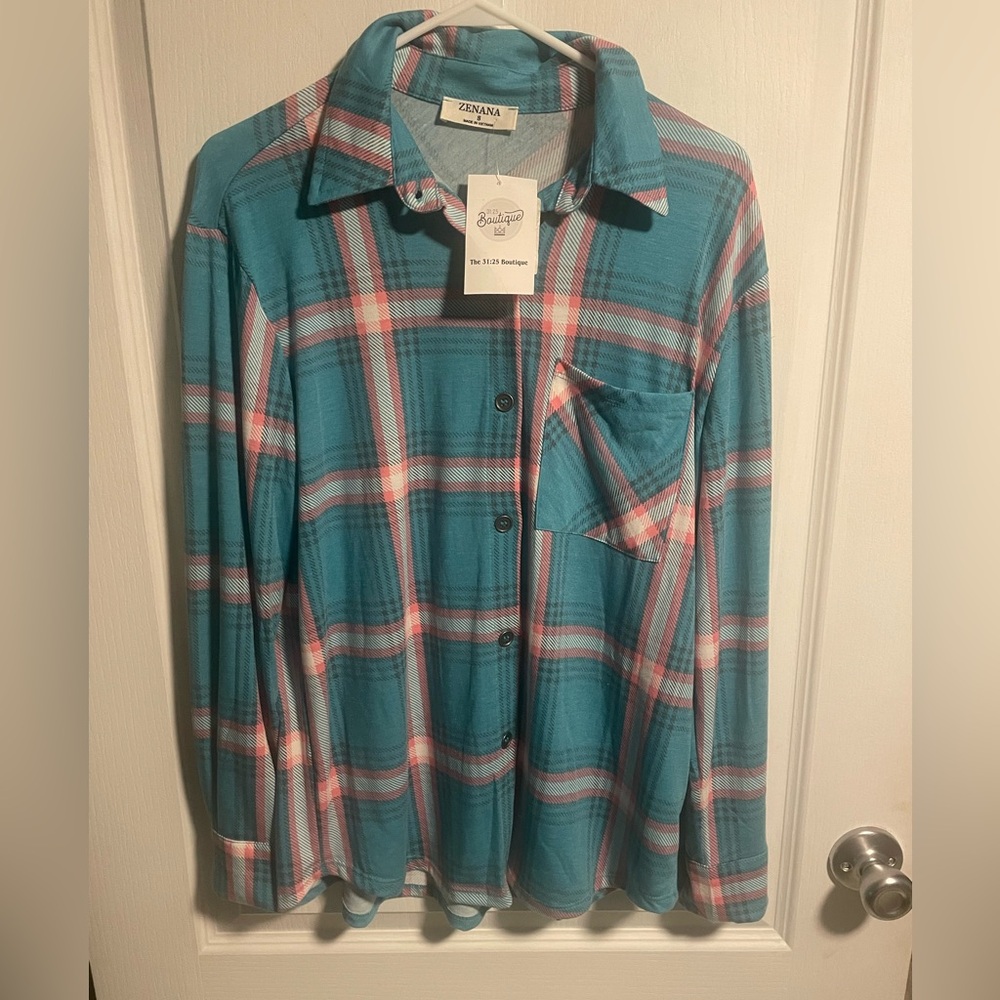Zenana Lightweight Spring/Summer Flannel Plaid Button Down Oversized Top, small